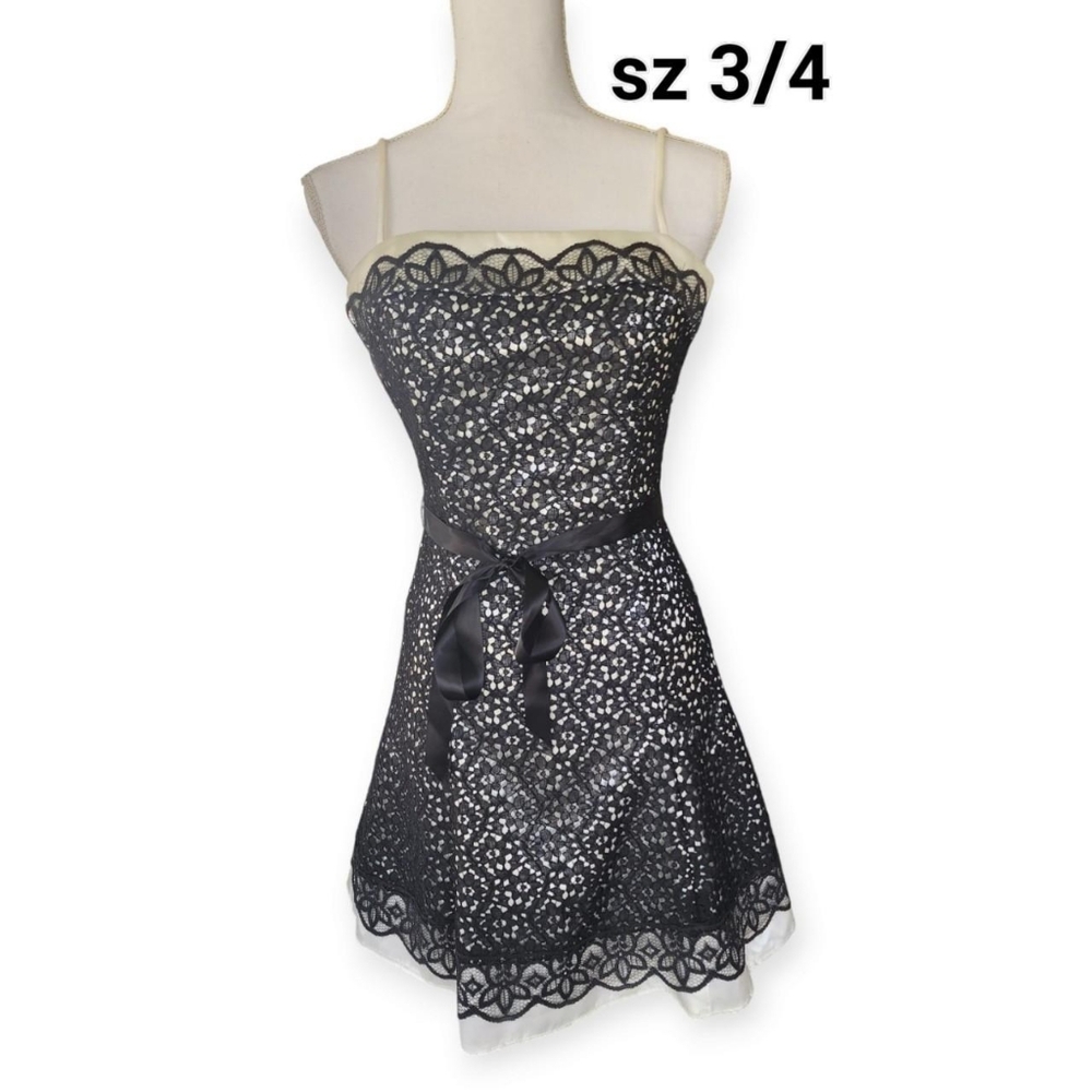 Vintage Gunne Sax Jessica McClintock sz 3/4 Black White Tea Length Formal Dress